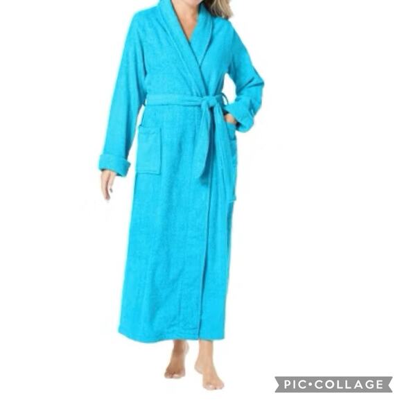 Dreams & Co Plus Size Long Terry Cloth Cotton Robe Winter Turquoise Blue 2x - Picture 1 of 6